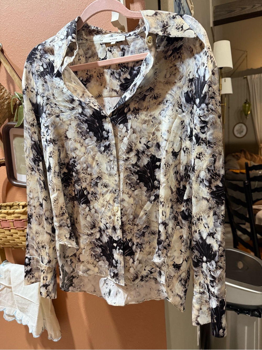 Vince Black & Cream Abstract Floral Button-Down Blouse